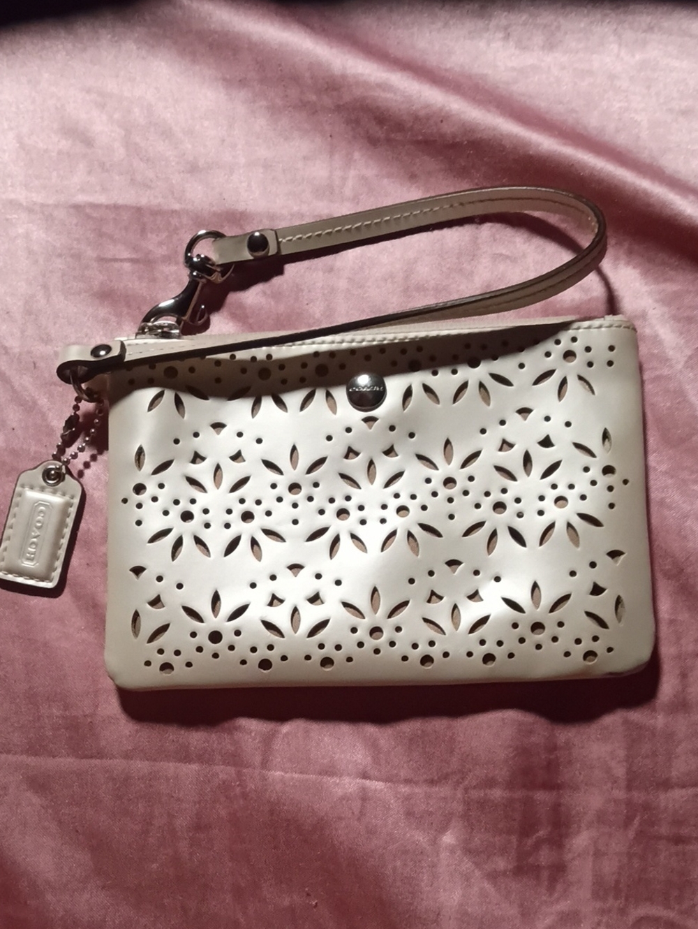 Coach Cream White Perforated Leather Wristlet Clutch